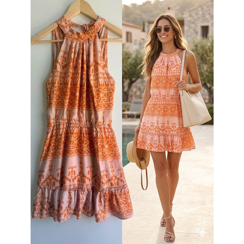 BTFBM Orange & White Aztec Geometric Halter Boho Mini Dress - Size Small